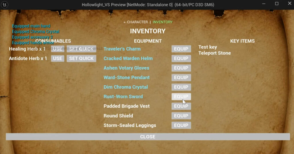 Hollowlight Unreal Engine Blueprint RPG inventory men